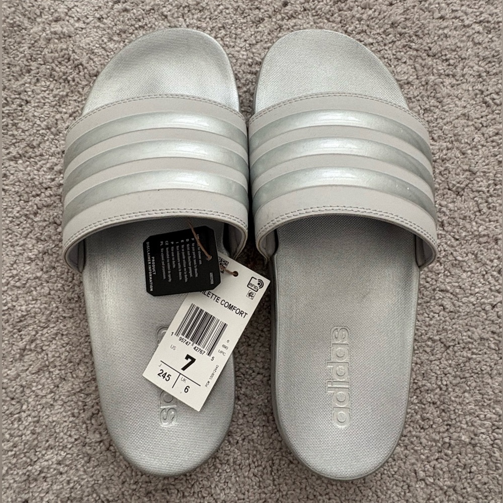 Adidas Metallic Silver Adilette Comfort Slides